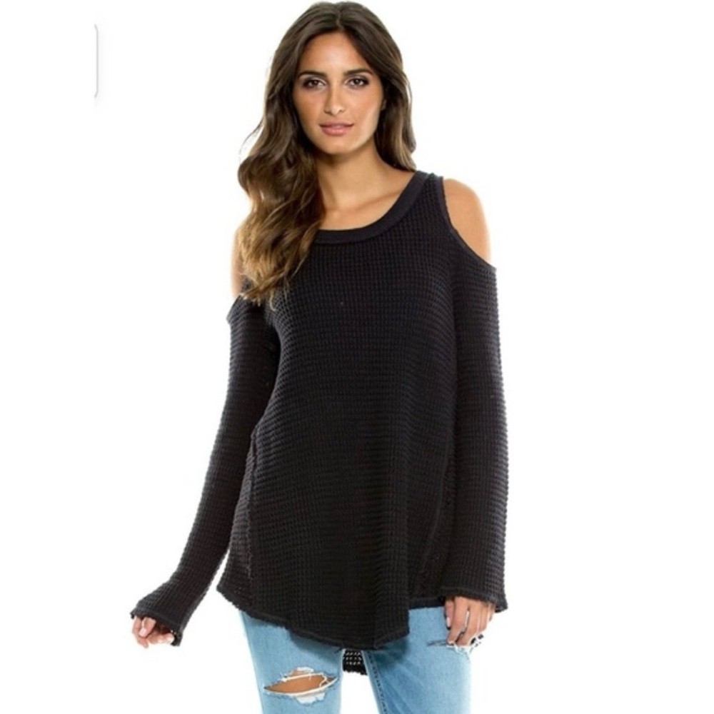 Free People The Elan Cotton Waffle Knit Cold Shoulder Tunic Sweater Black XS
